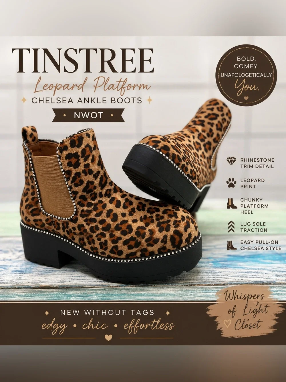 Tinstree Leopard Platform Chelsea Ankle Boots | Rhinestone Trim | NWOT - Picture 1 of 8